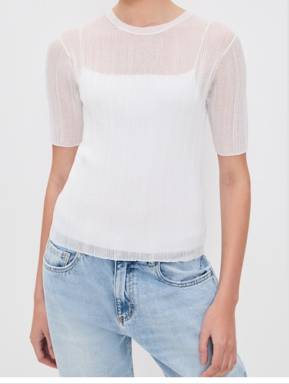 Vince Double Layer Rib Elbow Sleeve Pullover Optic White Small